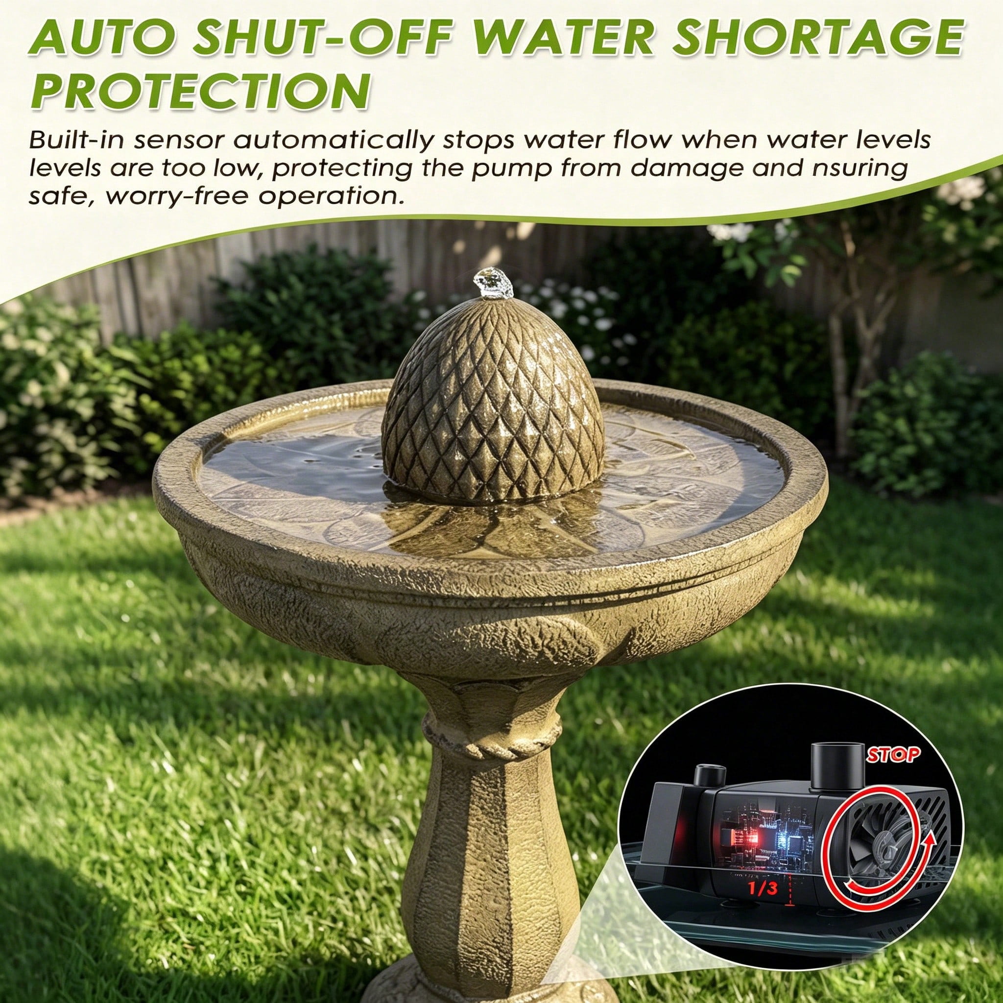 33.3 Inch Classic Pineapple Top Pedestal Water Fountain, 2 Tier Resin Waterfall Feature, Auto Shutoff Protection, Stable Anti-Splash Water Flow for Yard Lawn Patio Garden Decor