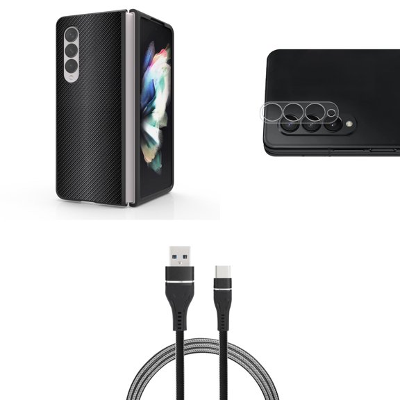 Accessory Bundle for Galaxy Z Fold 4: Slim Snap-On Case (Grey Carbon Fiber), Rear Camera Glass Protector, Nylon Braided USB-C to USB-A Cable (3 Feet)