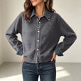 thumbnail image 5 of Fengqque Women’s Denim Collar Button Down Cardigan Sweaters Long Sleeve Cuffed Denim Trim Loose Fit Outerwear Tops Dark Gray Free Size, 5 of 6