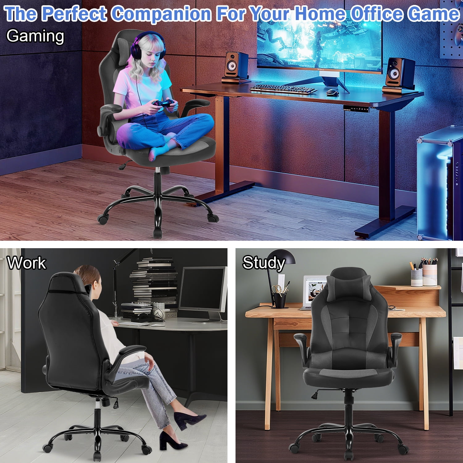 Video Game Chair High Back Gaming Chair PU Leather Racing Chair with Headrest Lumbar Support & Flip-up Arms , Adjustable Gamer Chair for Adults & Kids, Grey