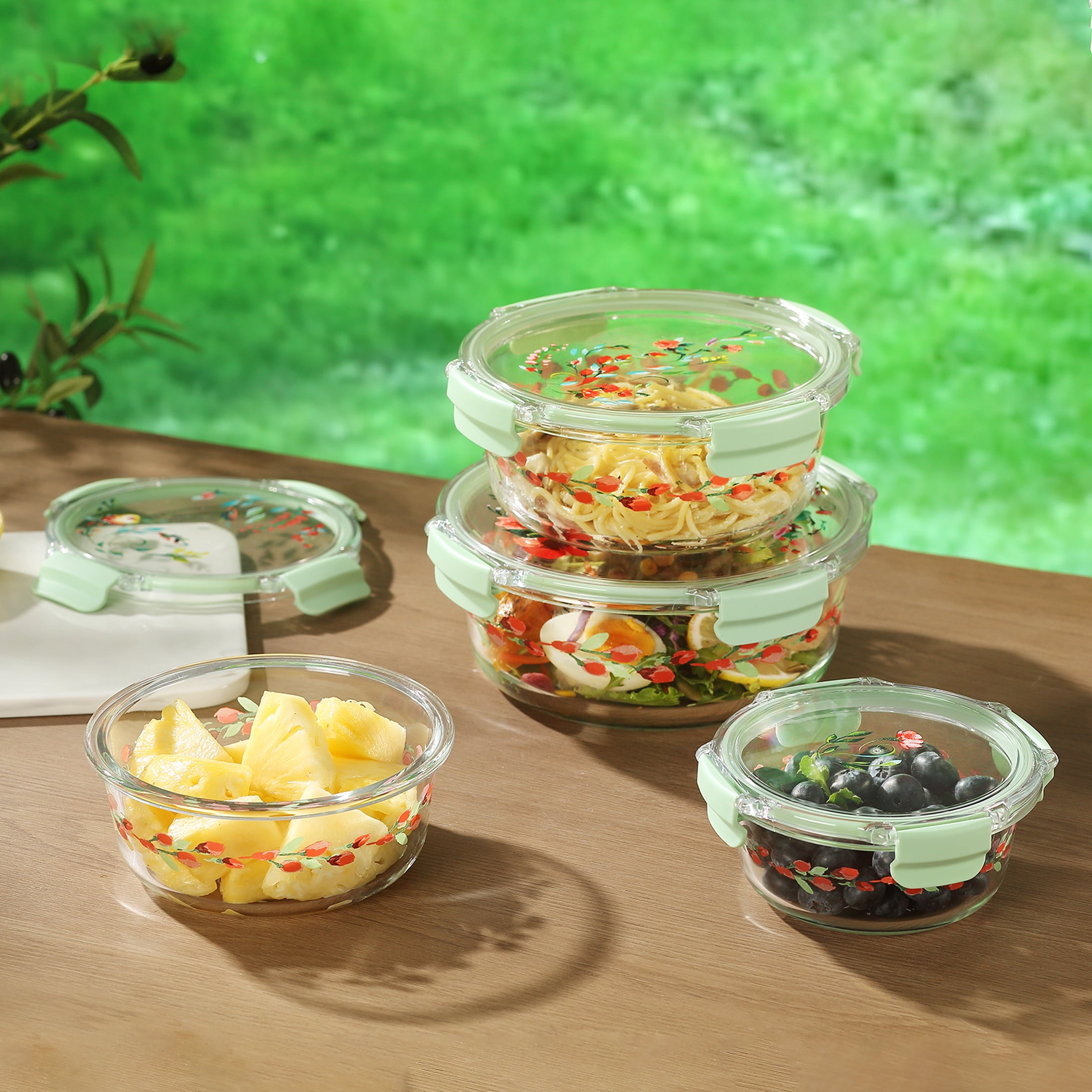 The Pioneer Woman Painted Meadow Round Glass Food Storage Containers with Tritan Lid, Set of 4