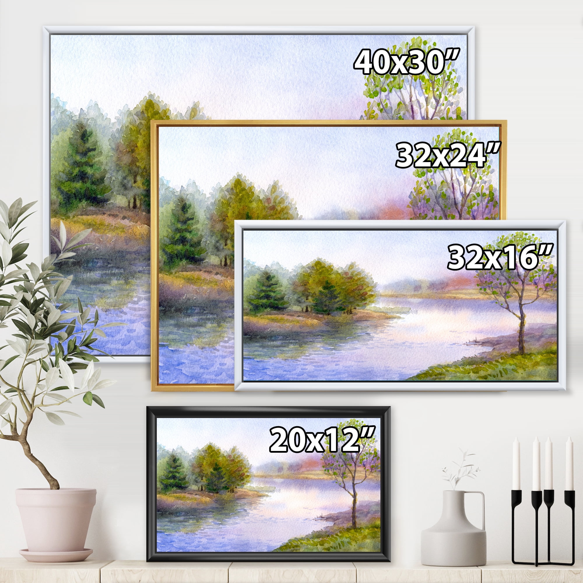Trees On The Bank Of River 20 in x 12 in Framed Painting Canvas Art Print, by Designart