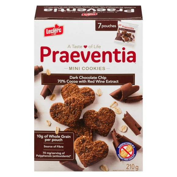 Biscuits Praeventia Brisures de Leclerc Chocolat noir 70 % cacao avec extrait de vin rouge 210g