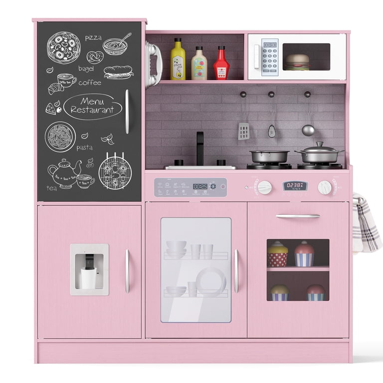 Gymax Play Kitchen Toy Set w/ Chalkboard Oven Sink Curtain