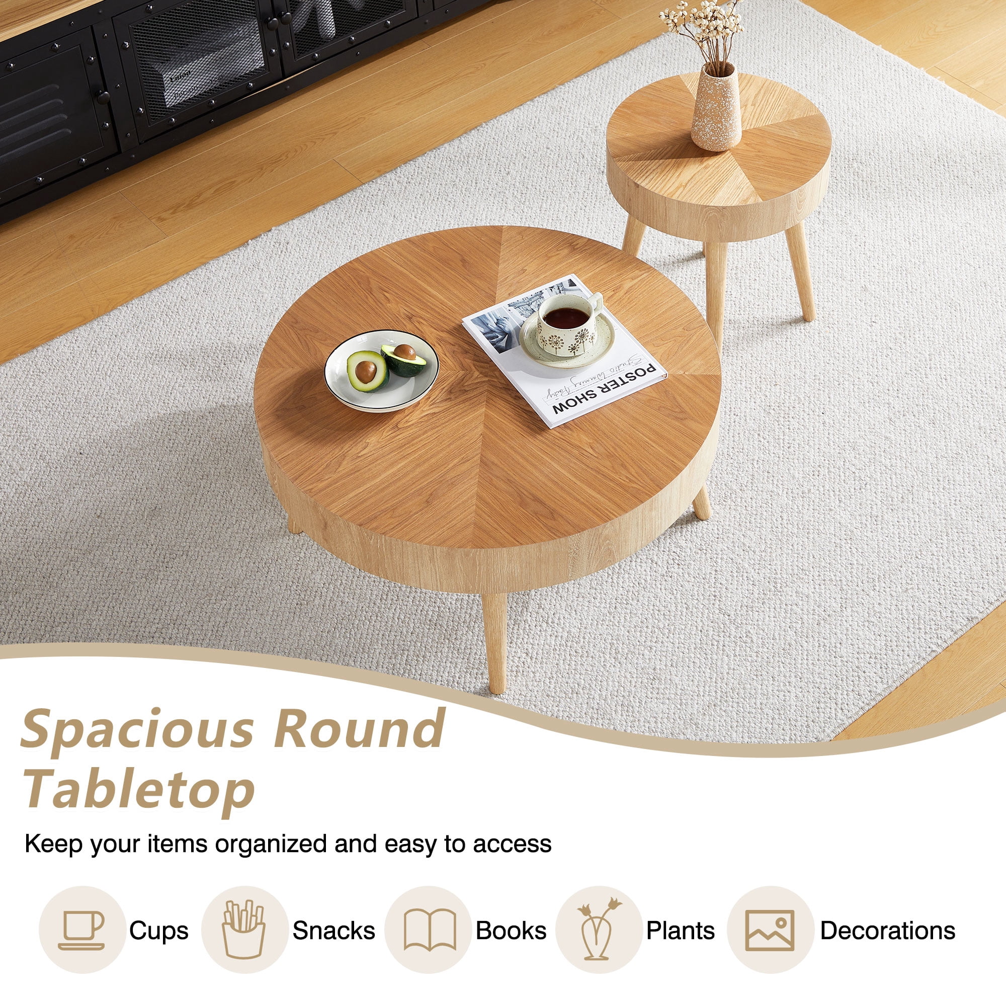 YOCWO 2-Piece Modern Round Coffee Table Set for Living Room, Faux Wood End Table, Natural, 29.13" D * 14.17" H, 15.75" D * 17.71" H
