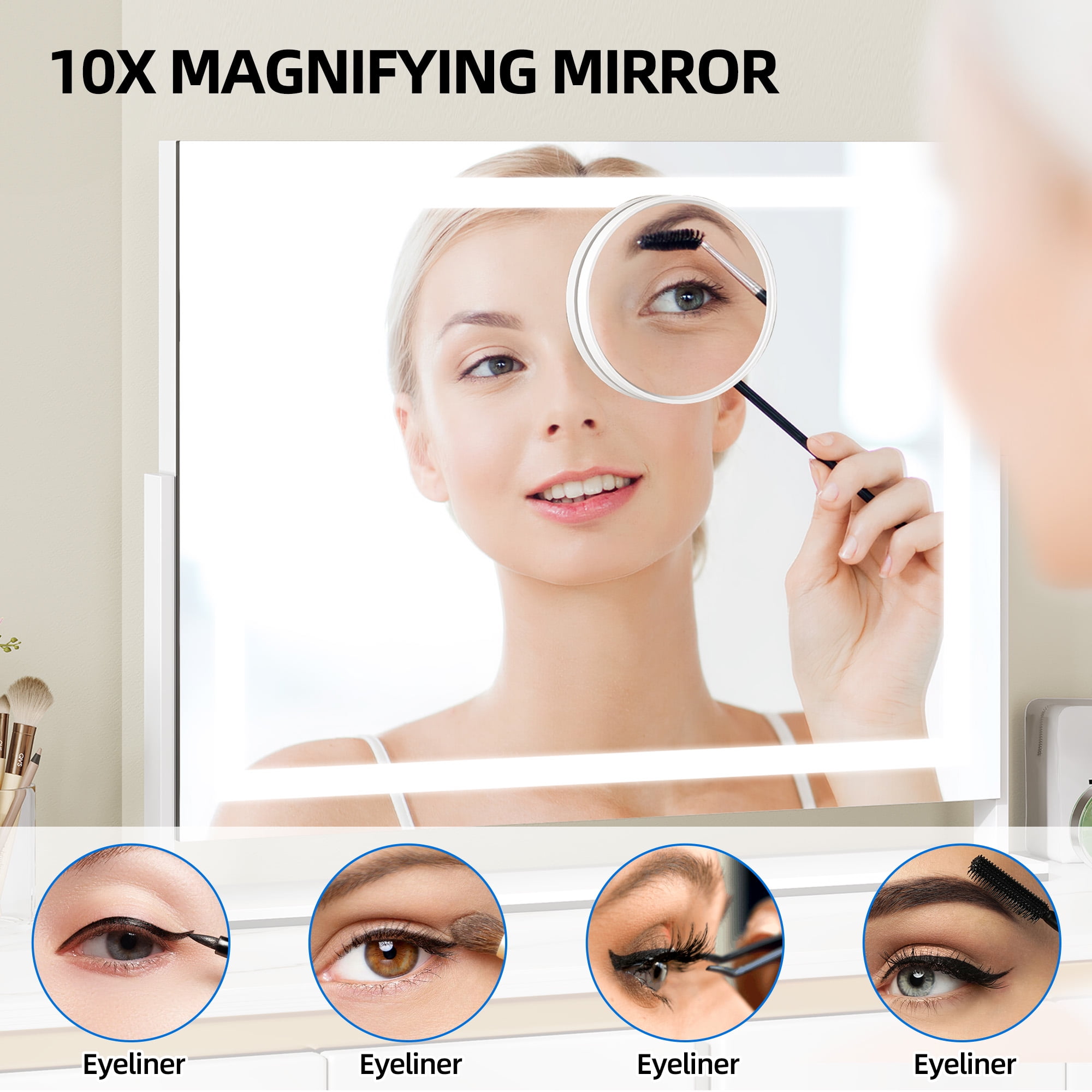 Dextrus Vanity Mirror with Lights, 24.6" x 22.8" LED Makeup Mirror with USB Ports & 10X Magnification, 3 Color Lights Touch Control, Tabletop or Wall Mount , 360°Rotation