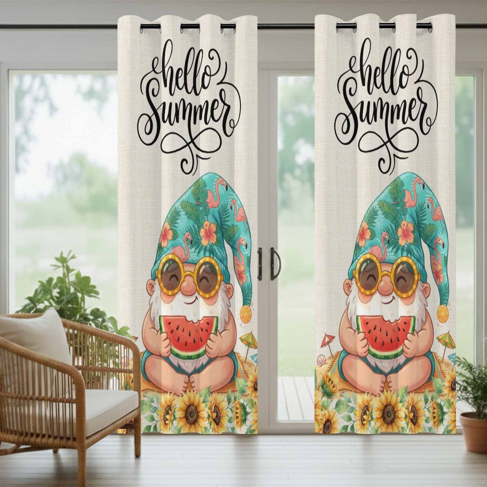 Hello Summer Outdoor Curtains for Patio Waterproof, Grommet Outdoor Privacy Panels, Cute Gnomes Watermolen Sunflowers Tropical Plants Weatherproof Outside Curtains for Porch 54"Wx108"L, 1 Panel