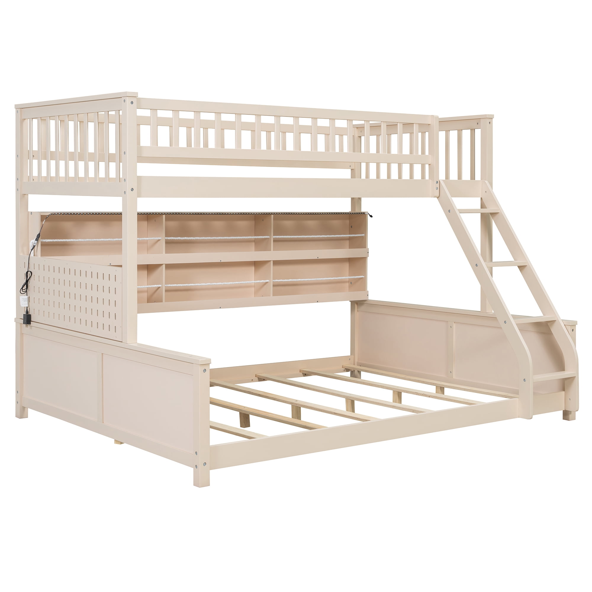 Twin XL over Queen Bunk Bed with Integrated Side Storage Shelves and Color-Changing LED Lights, Solid Wood Bunk Bed Frame with Integrated Shelving and Pegboard for Kids Teens Adults