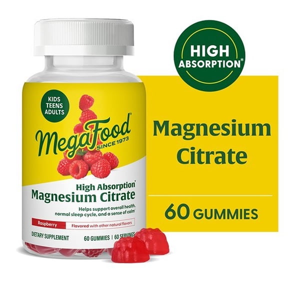 MegaFood Magnesium Citrate Gummies, For Adults, Teens & Kids 4 , Vegan, 60 Gummies