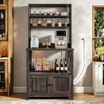 Baker Rack with Power Outlet and Storage, Farmhouse Microwave Stand with Door for Kitchen, 5-Tiers Tall Coffee Bar Station Cabinet Thickened Counter with Hutch Shelves, Black Oak