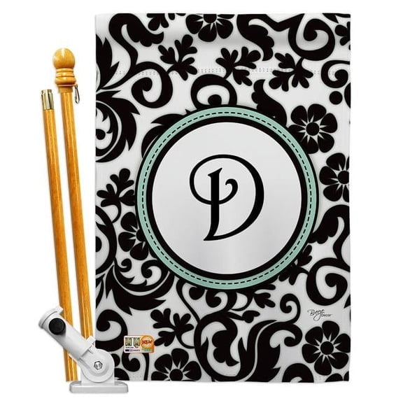 Breeze Decor BD-SB-HS-130056-IP-BO-D-US09-BD 28 x 40 in. Vertical Damask D Initial Interests Simply Beauty Impressions Decorative Double Sided House Flag Set with Pole & Bracket Hardware