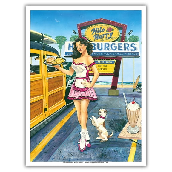 Car Hop Cutie - Retro Woodie with Surfboards and Pin Up Girl - From an Original Color Painting by Scott Westmoreland - Master Art Print (Unframed) 9in x 12in