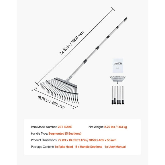 Heavy Duty 25-Tine Metal Leaf Rake, Adjustable 36.4-72.8 Inch Handle & 18.3 Inch Wide Head, Stainless Steel Garden Rake for Lawn, Yard, Grass, and Camping, Ideal for Small Leaves and Debris