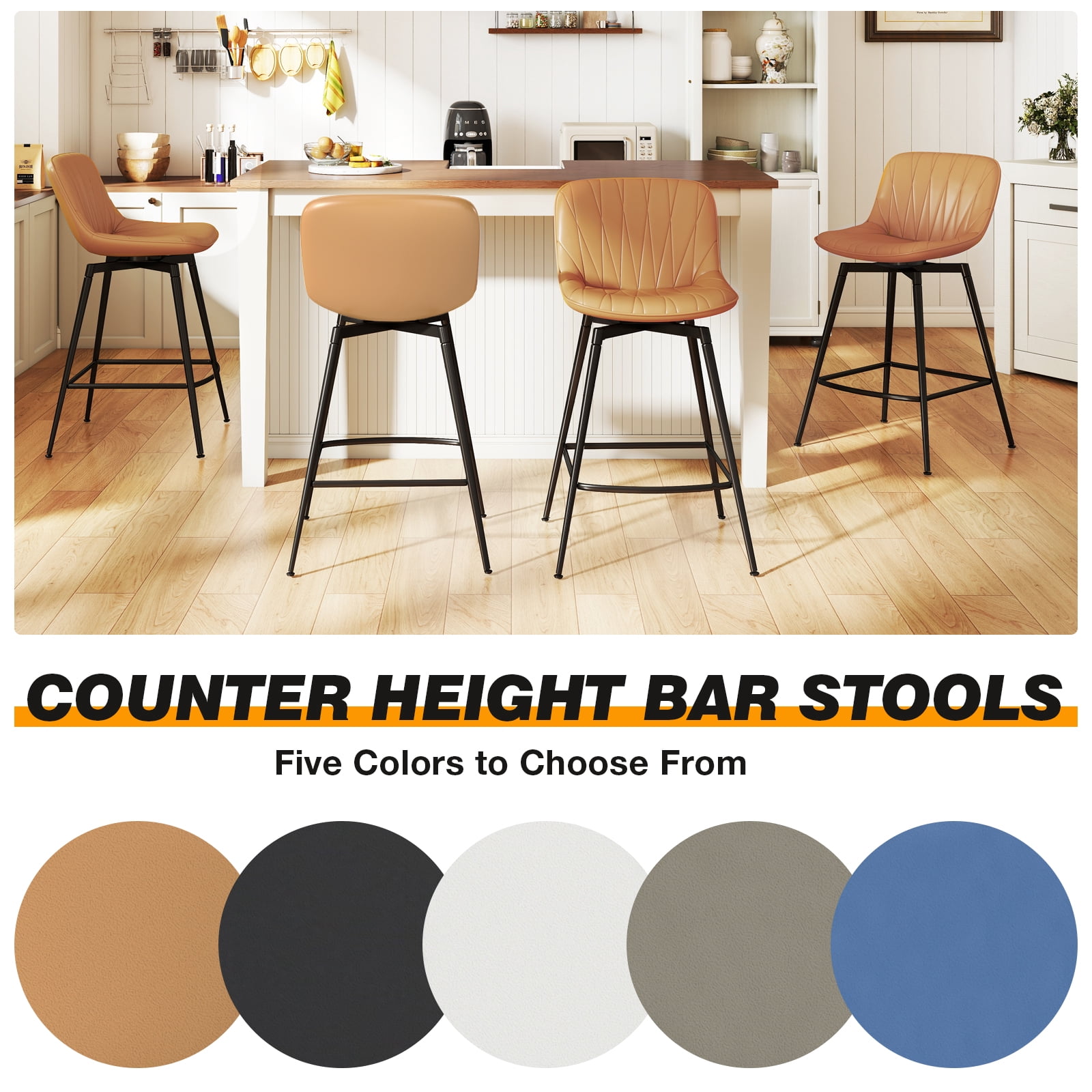 TAVR Modern 30" Swivel Bar Stools Set of 2 with Back & Footrest, Upholstered Counter Height Bar Chairs for Kitchen Island, PU Leather in Brown