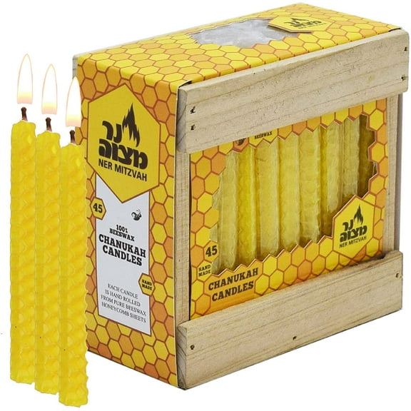 Ner Mitzvah, Yellow Handmade Natural Beeswax Honeycomb Hanukkah Menorah Candles - Standard Size (45 Pack)
