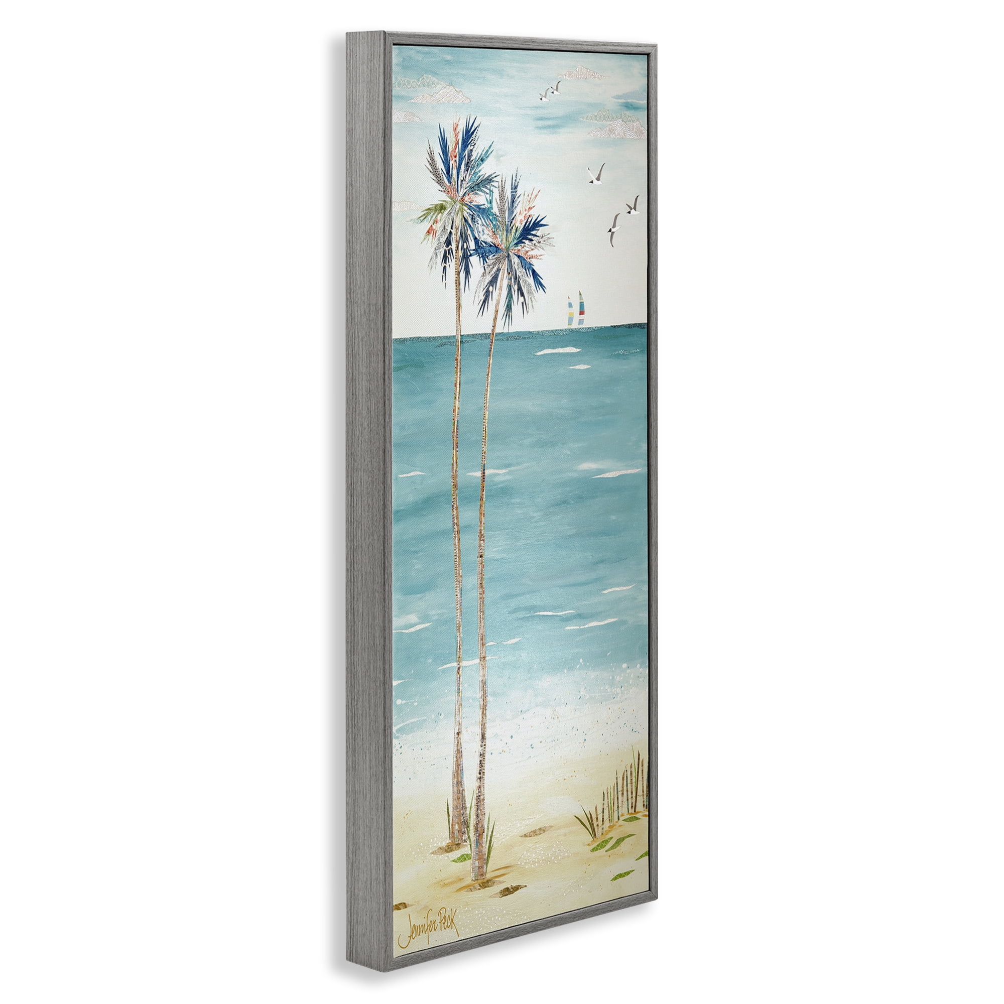 Stupell Industries Palms & Distant Boats Landscape Painting Gray Framed Art Print Wall Art, 10 x 24