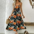 thumbnail image 4 of Taqqpue Womens Summer Dresses Floral High Waist V Neck Sleeveless Smocked Maxi Dress Boho Spaghetti Strap A Line Thigh-high Slit Flowy Tropical Print Beach Long Sundress, 4 of 5