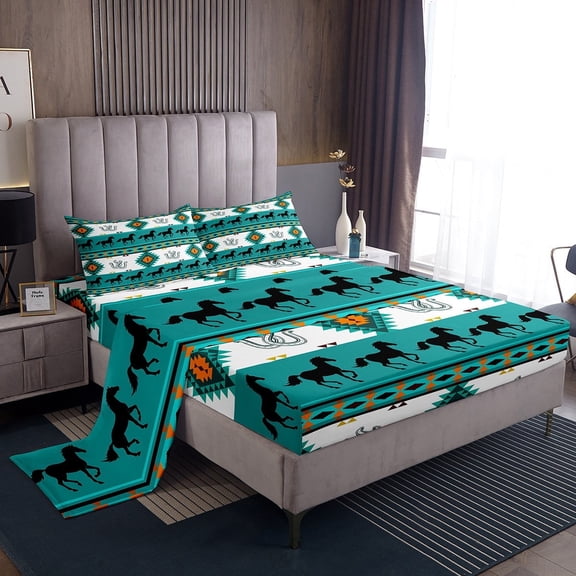 Erosebridal Teal Western Sheet Set Twin , Rustic Farmhouse Aztec Bedding Sets Twin Size, Horse Horseshoes Bedroom Decor 3pcs