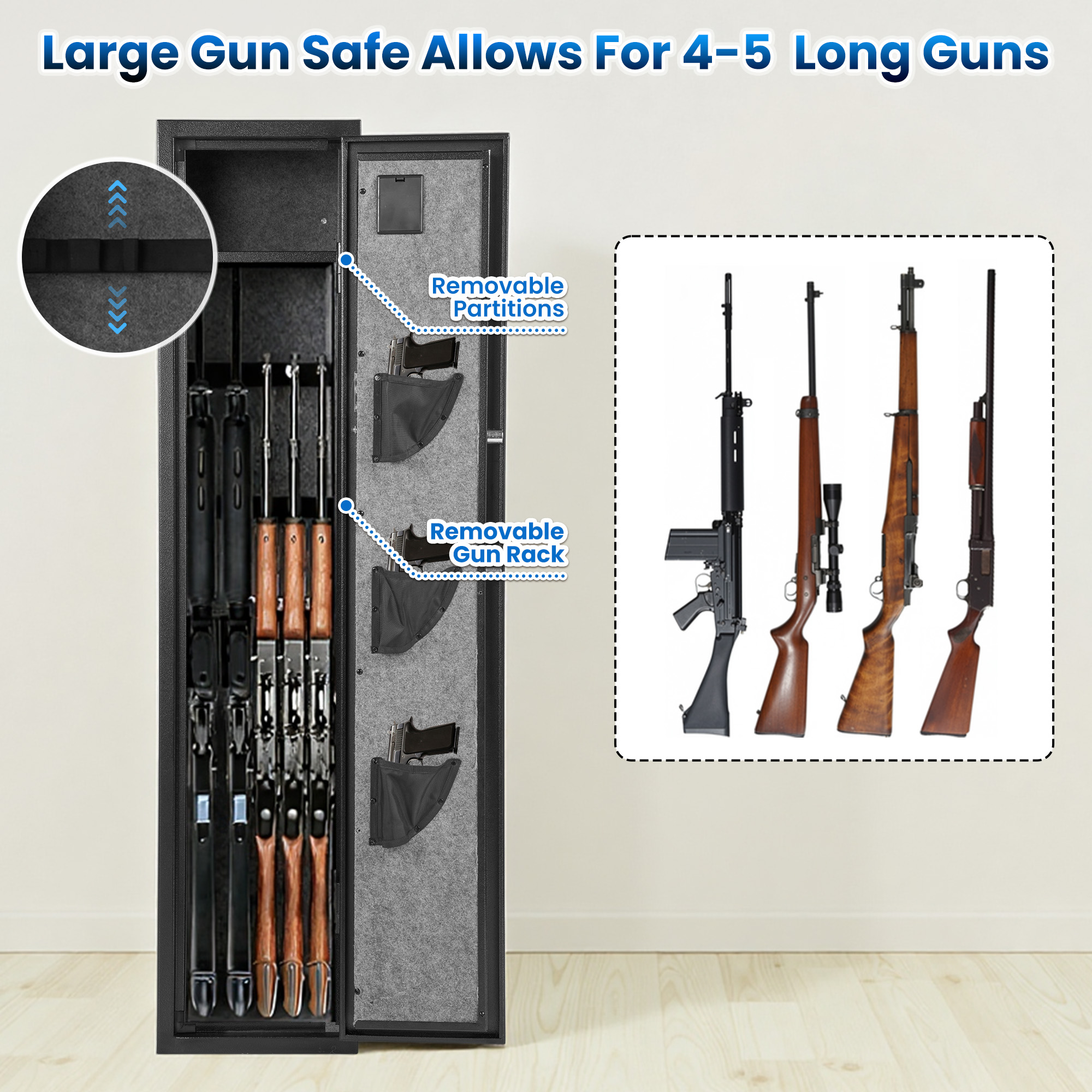Naipo 4-6 Gun Safe, Unassembled Gun Safe for Rifles and Pistols ,Gun Cabinet with LCD Keypad and LED Light, Long Gun Rifle Safe with Removable Gun Racks and Pistol Pockets,Dual Alarm