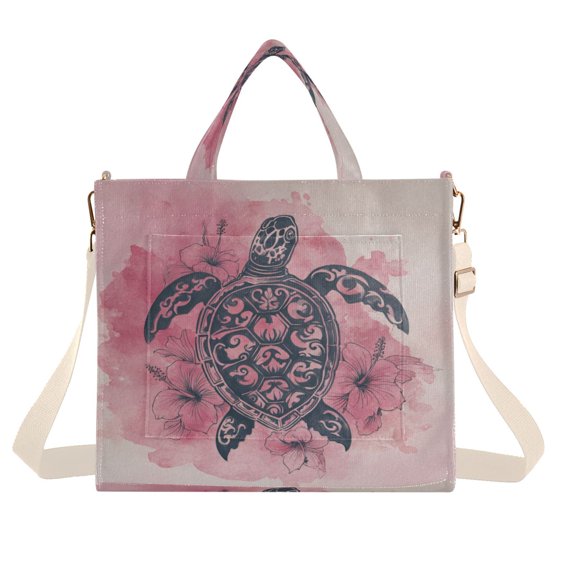 Corduroy Composite Fabric Tote Bag Magnetic Snap Large Capacity Crossbody Bag Beige Shoulder Strap Sea Turtle Print Pattern