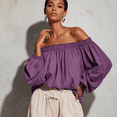 thumbnail image 5 of WULMLEO Women Off Shoulder Cotton Linen Tops Ruffle Sleeve Loose Shirt Blouse Purple M, 5 of 6