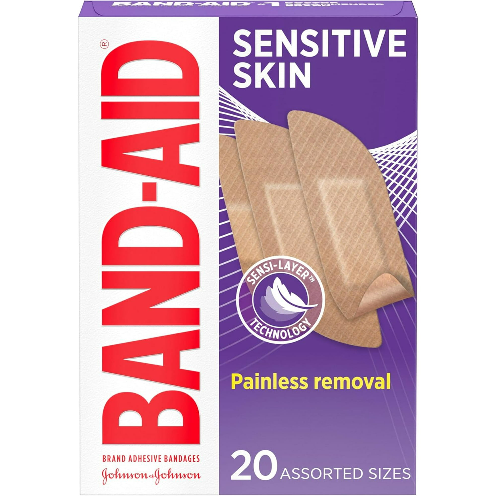 (3 pack) BAND-AID Brand Adhesive Bandages for Sensitive Skin, Assorted, 20 Count
