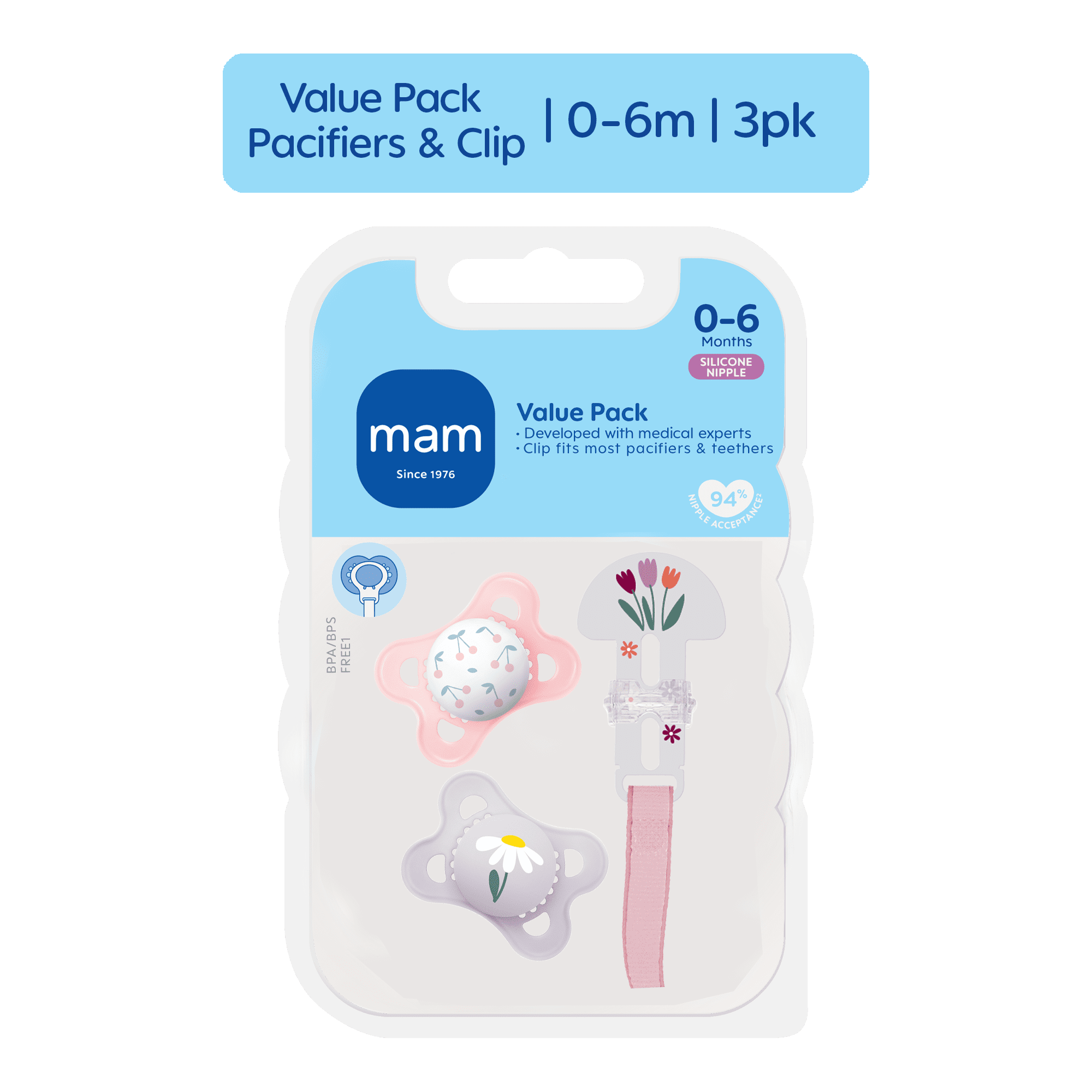 MAM I Love Mommy Collection Pacifiers (2 pack, 1 Pacifier Clip), MAM Pacifier 0-6 Months, Baby Girl Pacifier, Best Pacifier for Breastfed Babies