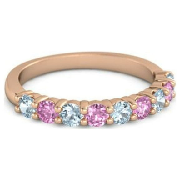 925 Silver Round 2.5MM Aquamarine Pink Spinel Eternity Rose Plated Women Ring