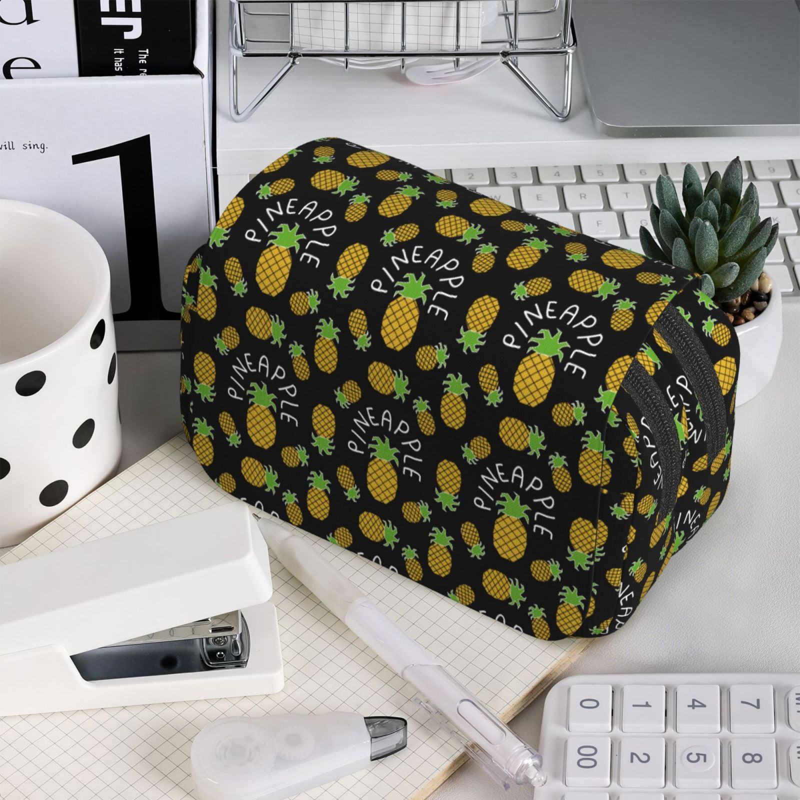 Rateoe Pineapple Pattern Double Clamshell Pen Case, Storage Organizer with Two Zipper Compartments– Holds Up to 50 Pencils & Pens