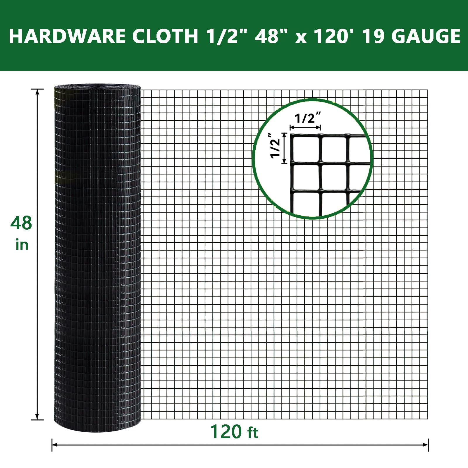Black Hardware Cloth 1/2 in 48 in x 120 ft, 19 Gauge Welded Wire Fencing, Wire Mesh Roll with Cutting Plier & Gloves for Garden Fencing, Coop & Pet Enclosures