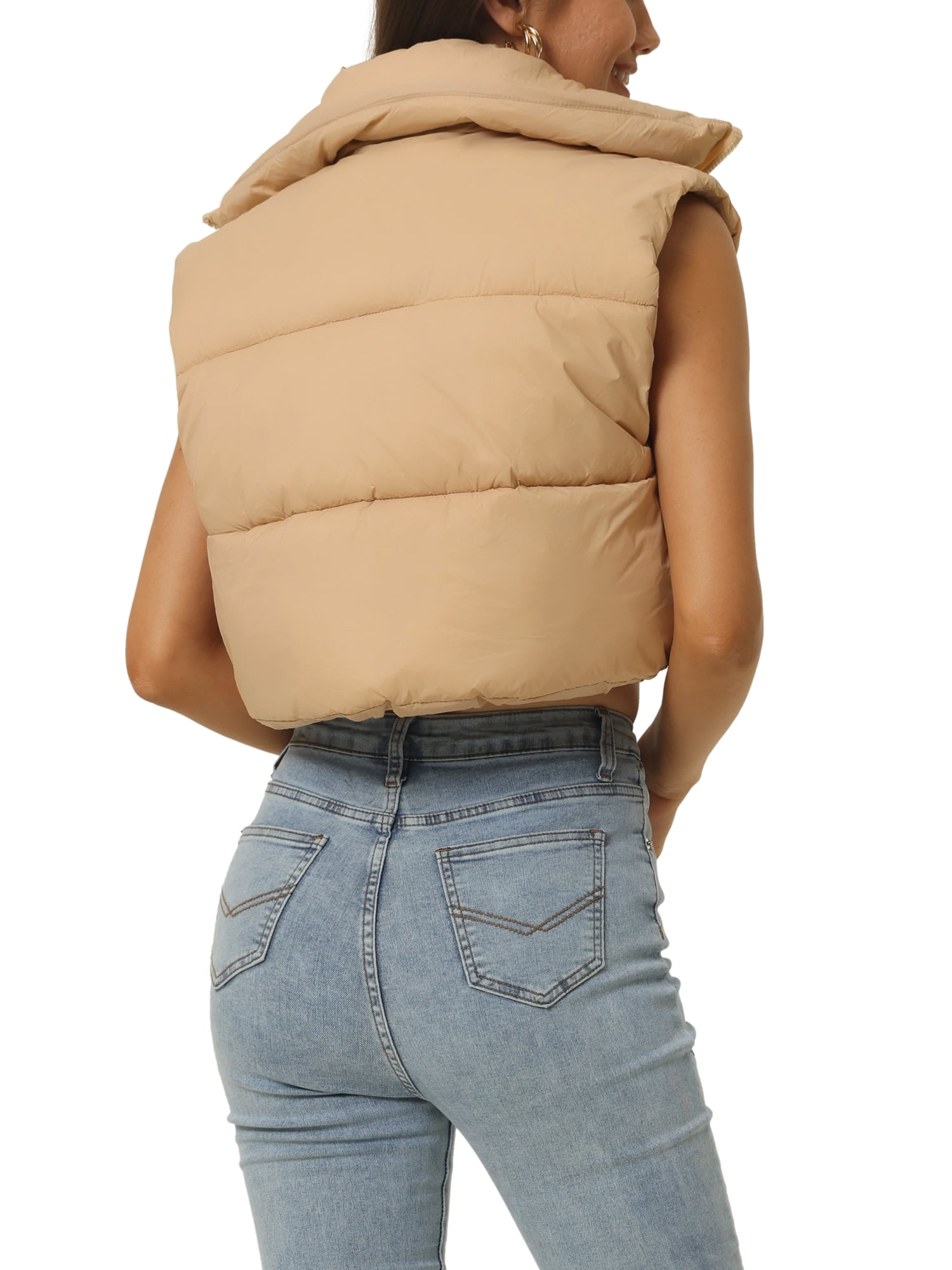 Unique Bargains Women's Padded Vest High Stand Collar Zip Crop Fashion Jacket Puffer Vests L Khaki