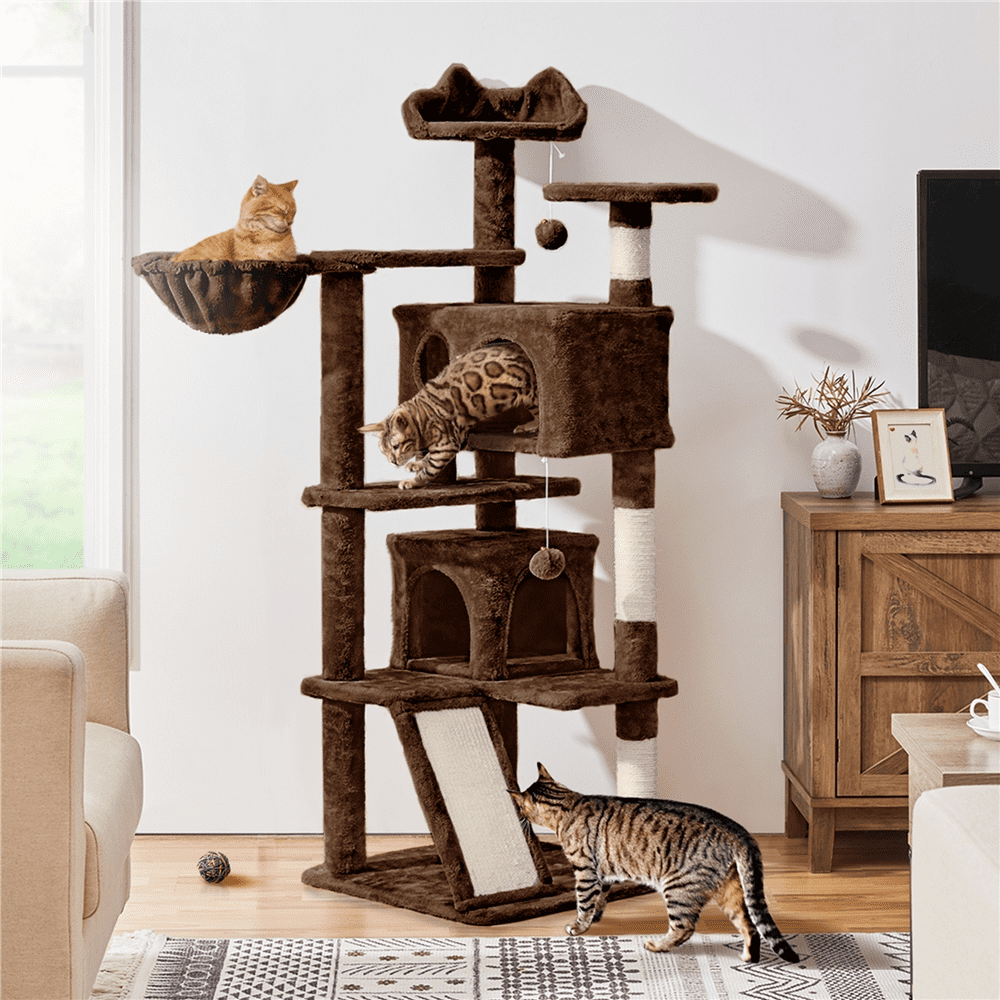 Alden Design 57.5" Double Condo Cat Tree with Scratching Post Tower, Brown