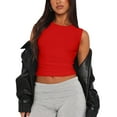 thumbnail image 3 of Womens Summer Tank Tops Sleeveless Crewneck Knit Slim Fitted Side Ruched Casual Basic Shirt Red L, 3 of 9