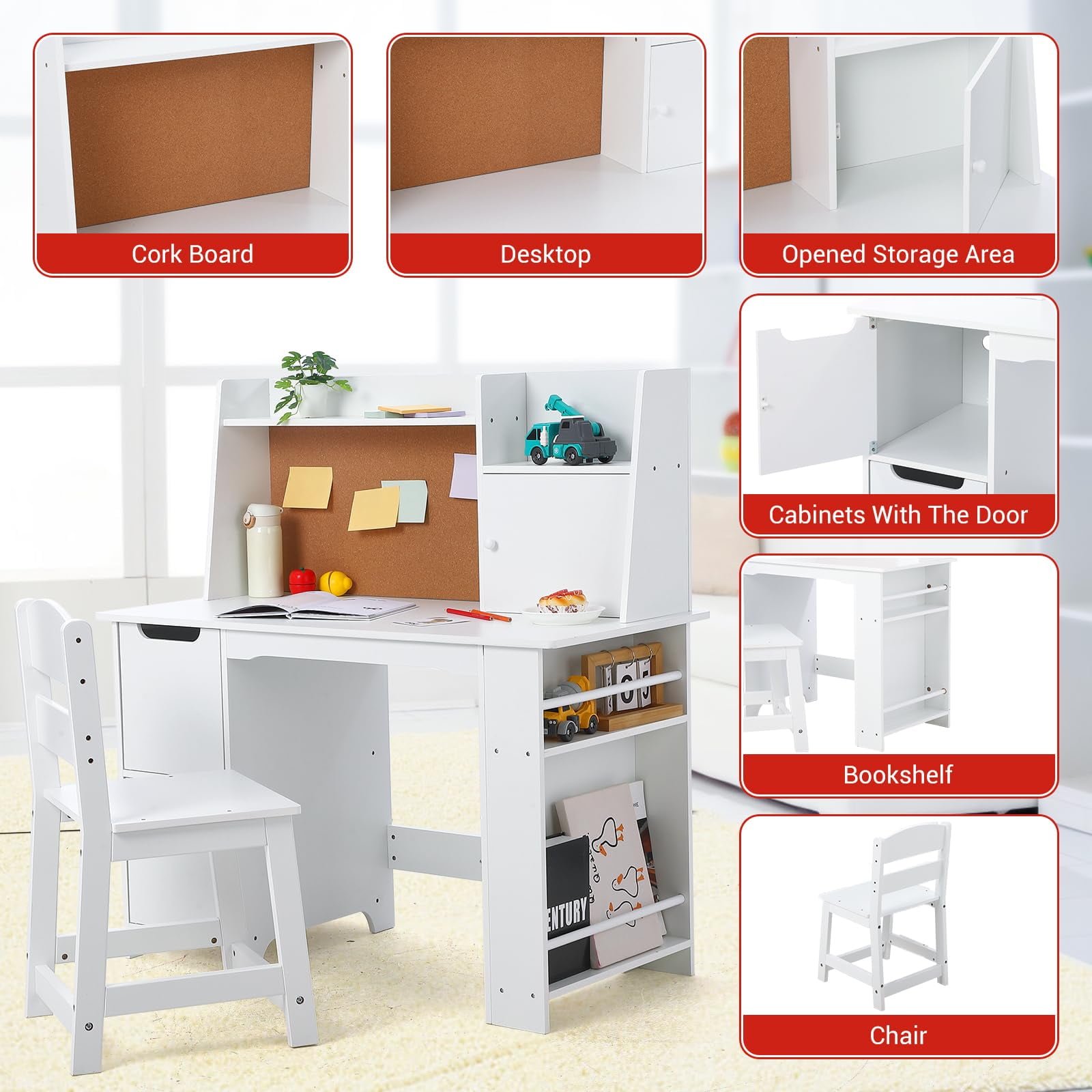 TROPOW Kids Study Desk and Chair Set with Storage - White Learning Table with Bookshelf and Cabinets for Boys and Girls Ages 3-8
