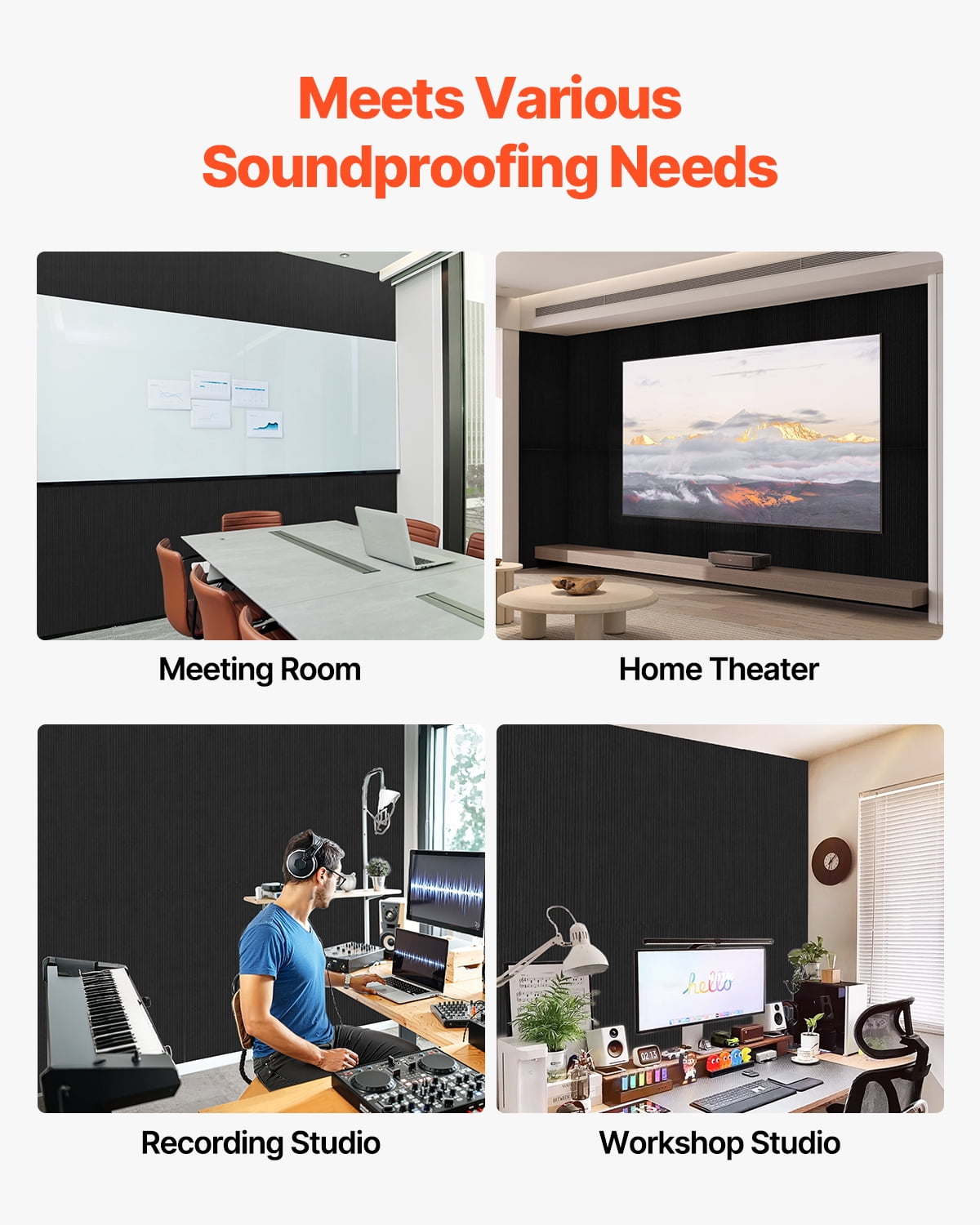 VEVOR 5 Pack Acoustic Panels with Self Adhesive, 47.2 x 23.6 x 0.4 inch Sound Proof Foam Panels, Polyester Fiber Soundproof Wall Panels High Density, for Home, Studio, Office, Theater, Black