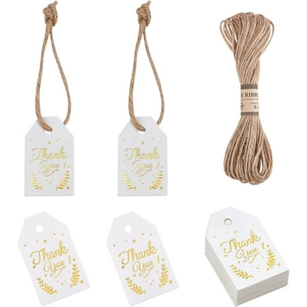 200pcs Thank You Gift Tags with 32.8ft Natural Jute Cord Gold Foil Word Kraft Paper Tags Hanging Paper Labels for Thanksgiving Party Wedding Favors Gifts Gold