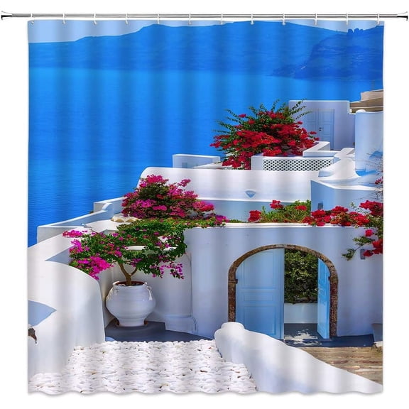 Landscape Shower Curtain Decor Santorini Greece White Architecture Flower Mediterranean Scenery Fabric Bath Curtains Bathroom Accessories Polyester with Plastic Hooks
