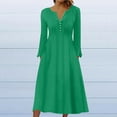 thumbnail image 2 of pstuiky Dresses for Women, Women Button Flower Print Pleated Dress Long Sleeve V-Neck Dress Mid-Calf Dress with Pocket Leisure Green XL, 2 of 5