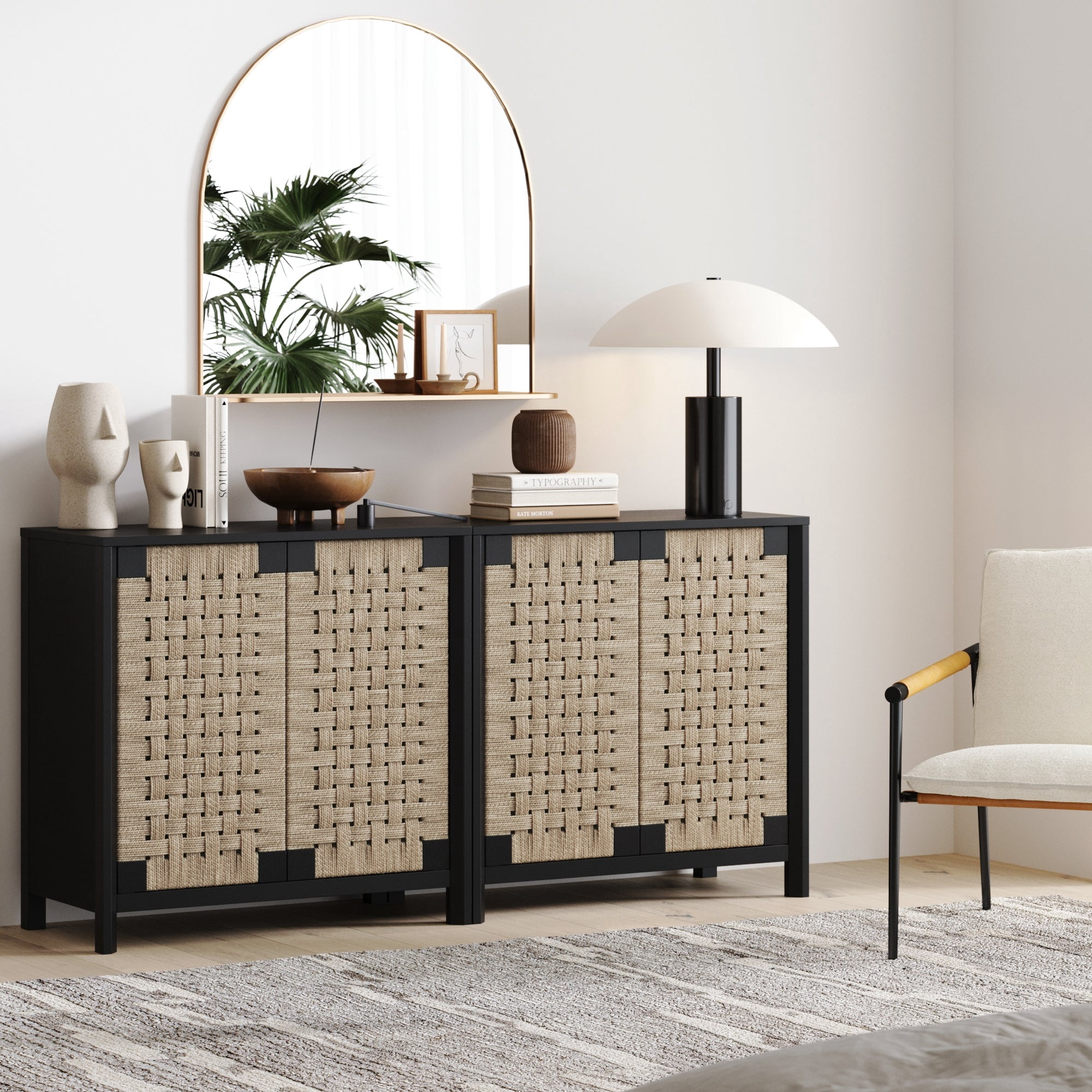 Nathan James Aerie Rustic Wood Cabinet, Boho Living Room Storage Cabinet with Seagrass Door Panels and Solid Wood Legs, Black