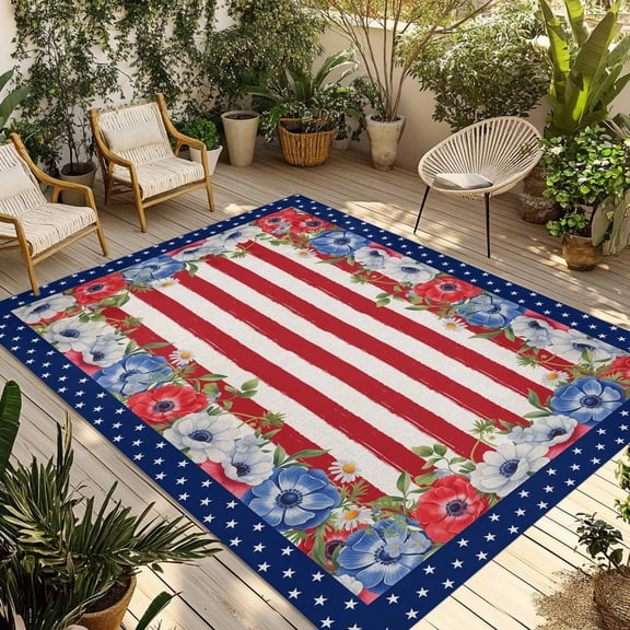 4th of July Outdoor Rug for Patio/Deck/Porch, Non-Slip Large Area Rug 4 x 6 Ft, Independence Day Red Blue Poppy Flower Stripe Indoor Outdoor Rugs Washable Area Rugs, Camping Rug Carpet Runner