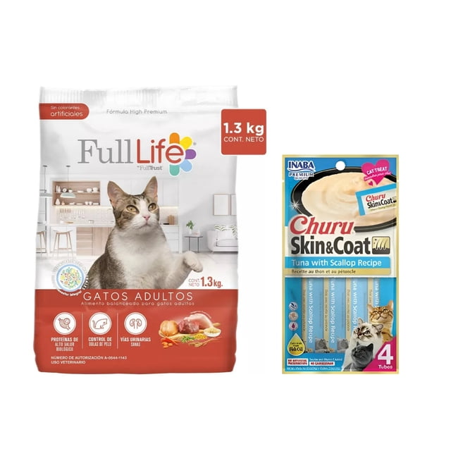 Full Life Gatos Adultos 1.3 kg + Churu Skin&Coat Atún y Vieira Snack 4 tubos de 14g