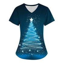 Holiday Savings! Titcea Christmas Scrub Tops Women Christmas Tree Printed Short Sleeved V Neck Nursing Uniforms with Pockets Loose Comfort Scrub Tops
