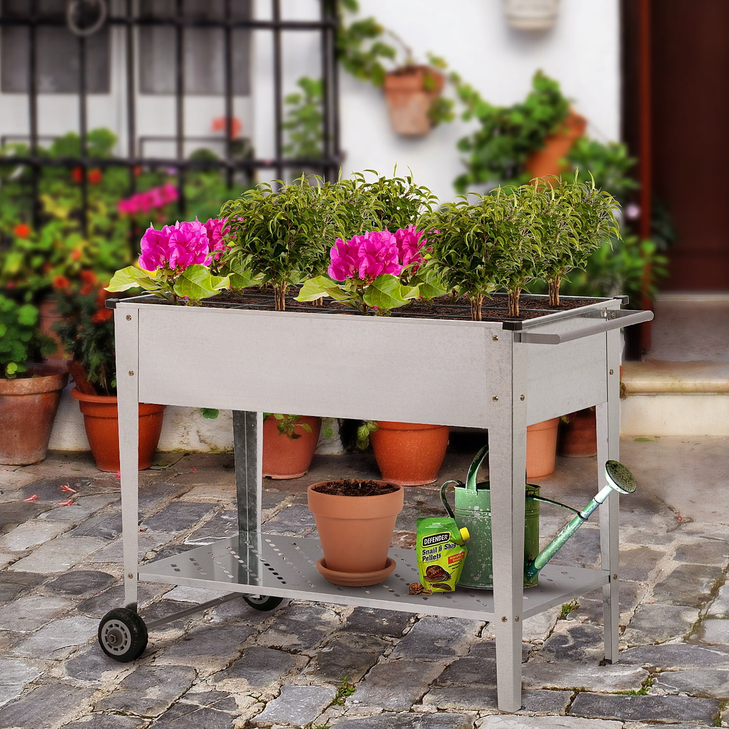 Outdoor Mobile Elevated Planter Box Cart Grow Vegetables and Plants on The Patio Sunnydaze Raised Garden Bed with Handlebar and Wheels Galvanized Steel or Yard Black Deck 43-Inch 