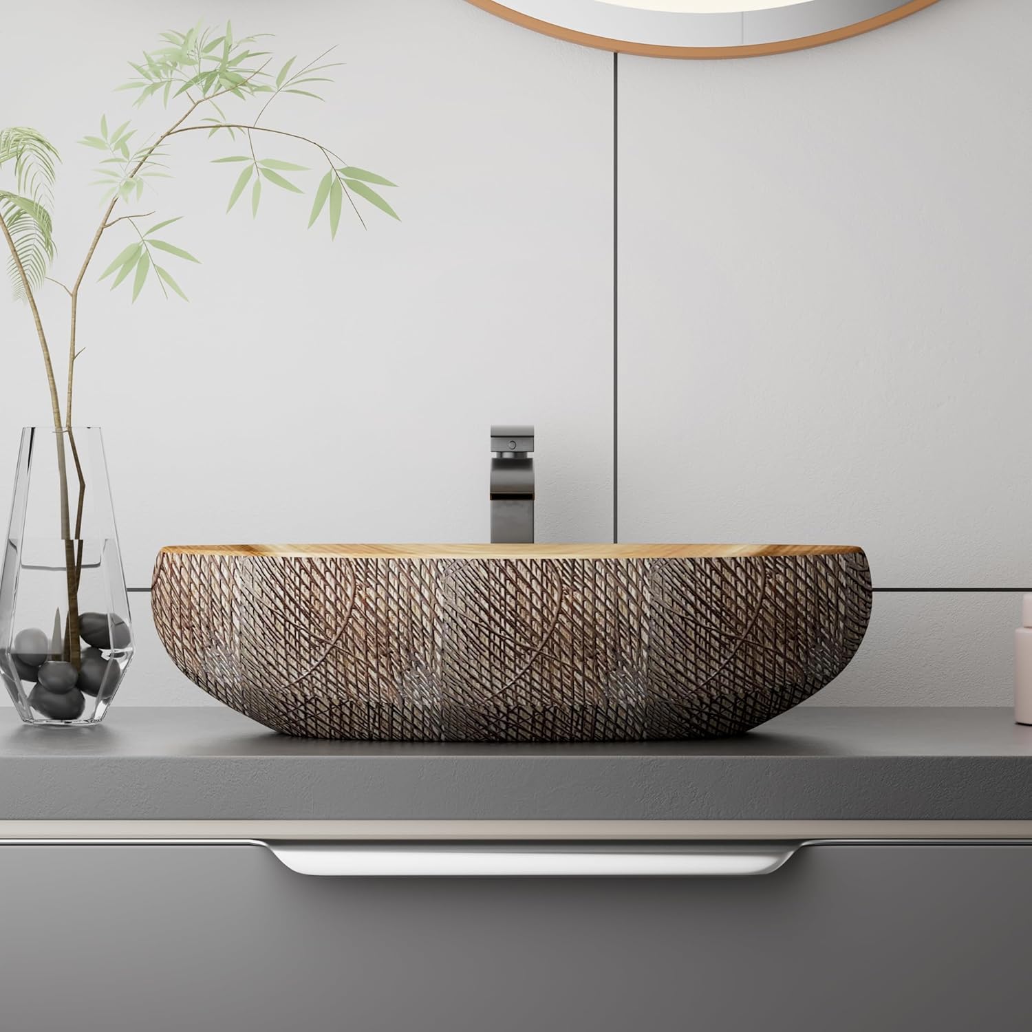 WinZo Bathroom Artistic Vessel Sink, 24x16x5.9 inch Oval Bowl Sink, Retro Ceramic Washbasin Above Counter, Ceramic Porcelain Bathroom Sink Bowl for Vanity, Carving Brown