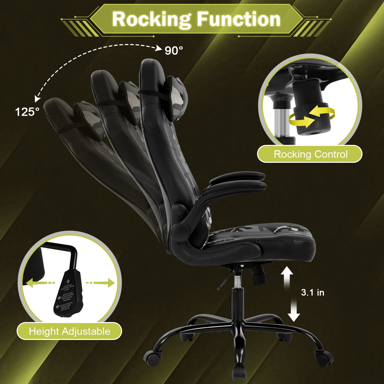 Video Game Chair High Back Gaming Chair PU Leather Racing Chair with Headrest Lumbar Support & Flip-up Arms , Adjustable Gamer Chair for Adults & Kids, Camo