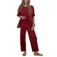 thumbnail image 2 of Women 2 Piece Travel Outfits Casual Short Sleeve Knit Tops and Wide Leg Pants, 2 of 6