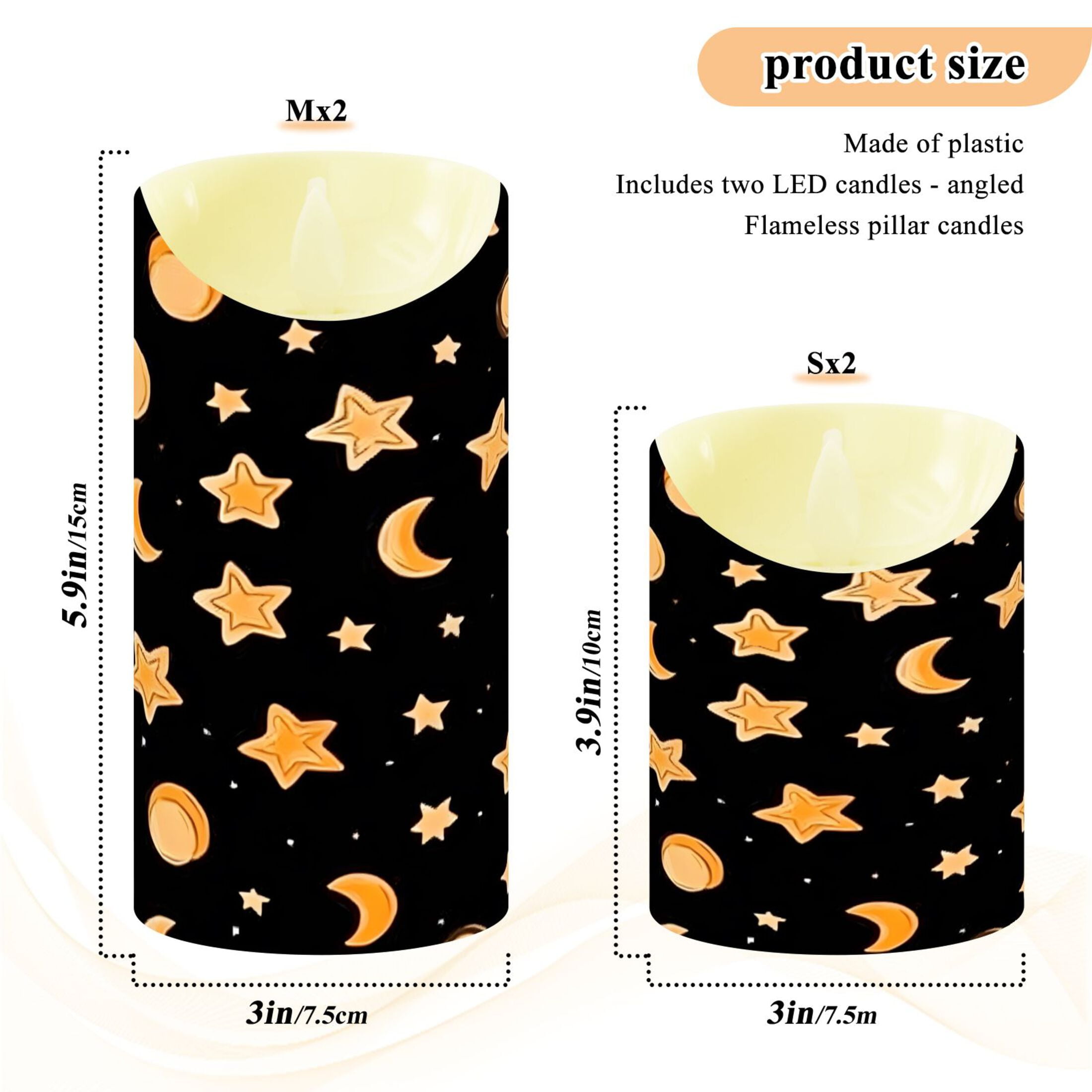Sun Moon and Stars Flameless Candles 2 PCS with Remote Realistic Moving Flame LED Tapered Pillar Set for Home Decor
