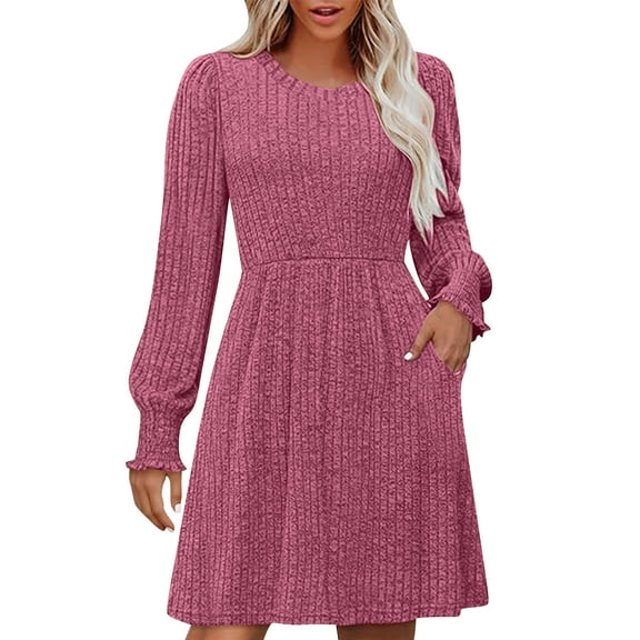 aohooy Sweater Dresses for Women Ribbed Knit Long Sleeve Dresses Empire Waist Crewneck Winter Knee Length A Line Dress with Pockets Hot Pink,S