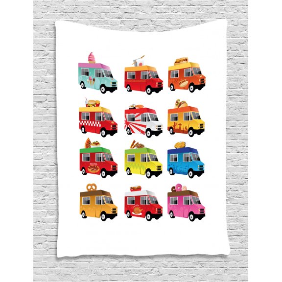 Truck Tapestry, Ice Cream Asian Doughnut Burgers Pizza Sushi Hotdog Colorful Food Truck Illustration, Wall Hanging for Bedroom Living Room Dorm Decor, 60W X 80L Inches, Multicolor, by Ambesonne