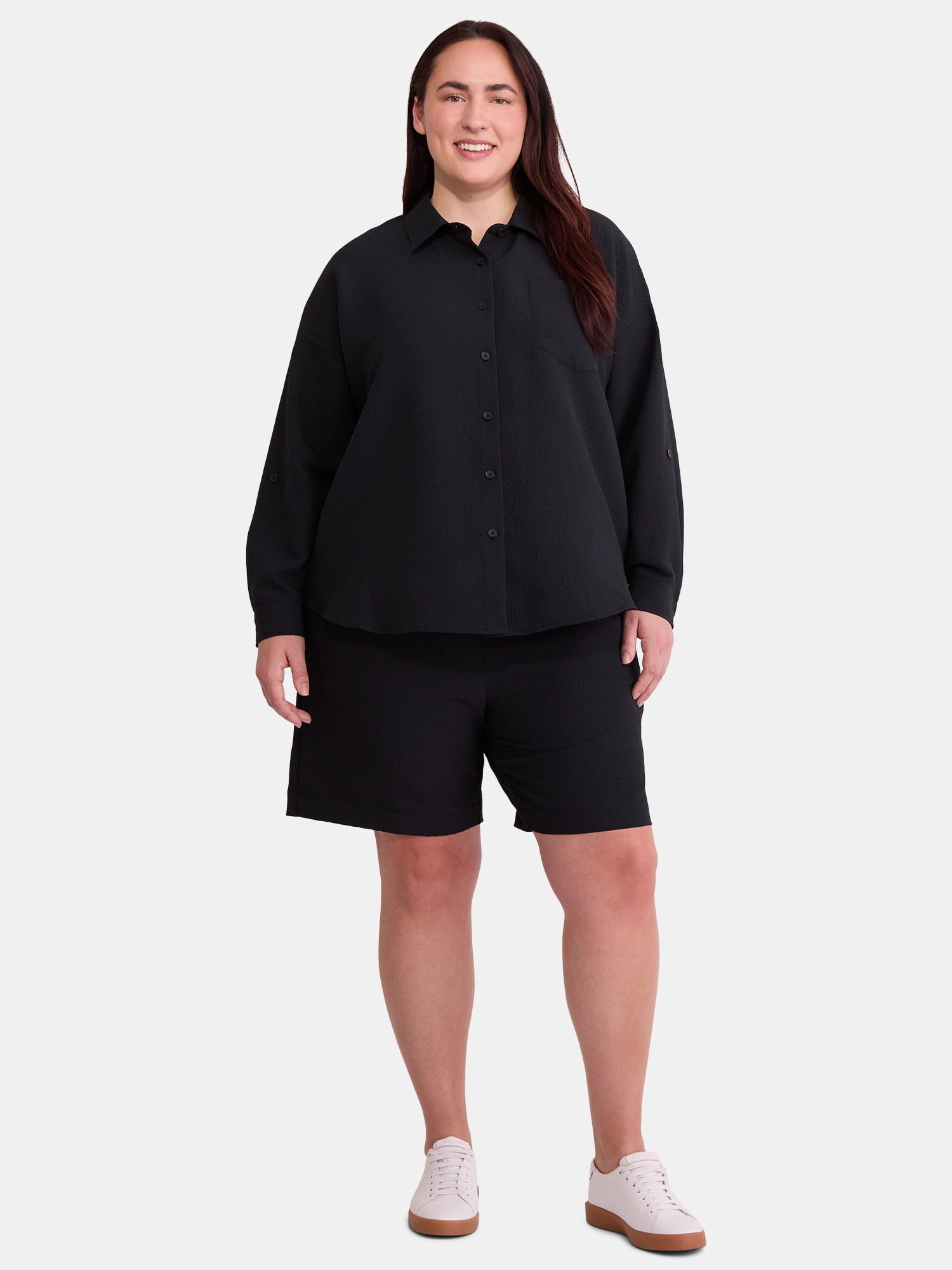 Just My Size Women's Plus Size Gauze Button Front Shirt and Pull On Shorts Set, 2-Piece, Sizes 0X-4X
